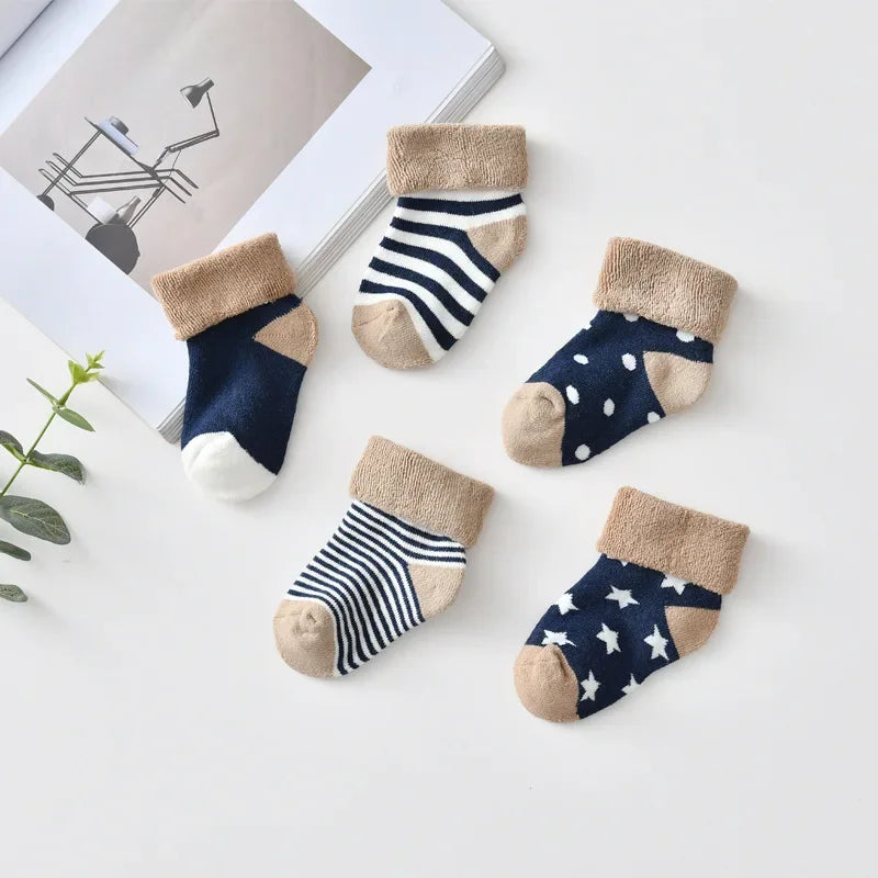 Lot de 5 paires chaussettes bébé – Chaudes & épaisses – Motifs cartoon (automne/hiver)