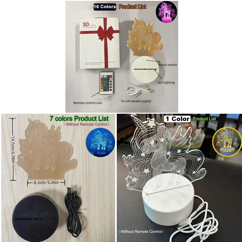 Veilleuse 3D Licorne – 16 couleurs – Tactile & télécommande – Ambiance chambre enfant