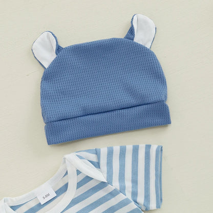 Ensemble Bébé 3 Pièces Élégance Éléphant – Barboteuse Rayée, Salopette et Bonnet (0-18 mois)