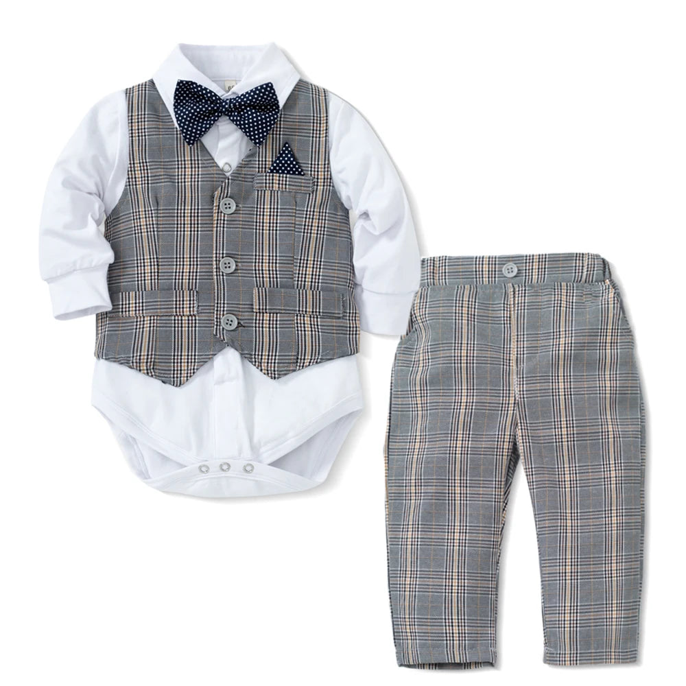 Costume pour bébé garçon, gilet à carreaux, chapeau, ensemble de 1er anniversaire, barboteuse à manches longues, tenue d'automne, vêtements pour nouveau-né de 3 à 24 mois