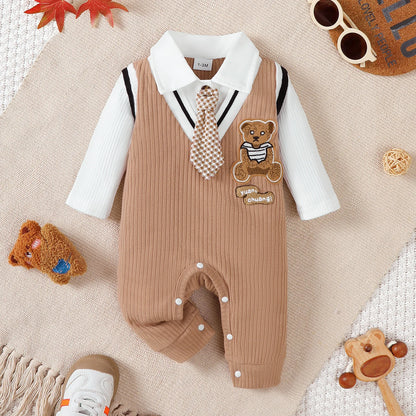 Combinaison Bébé Petit Gentleman – Jumpsuit Manches Longues avec Ourson