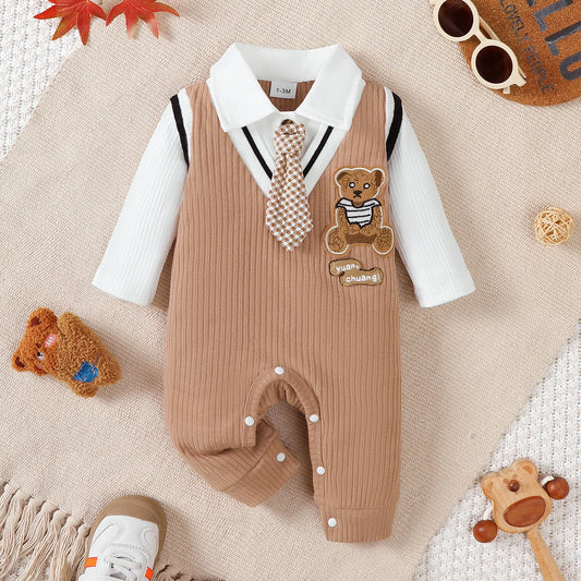 Combinaison Bébé Petit Gentleman – Jumpsuit Manches Longues avec Ourson