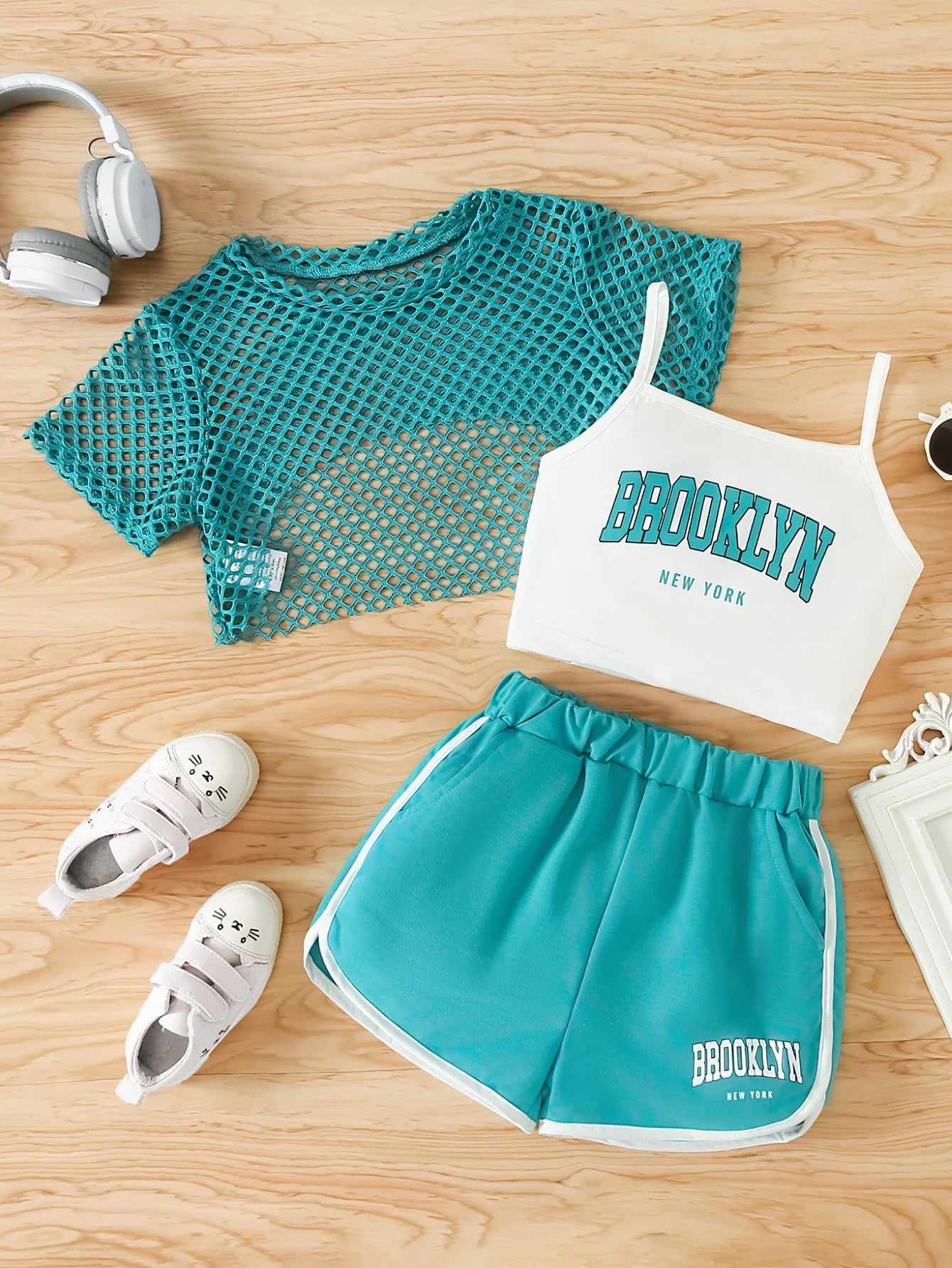 Ensemble 3 pièces d’été fille – Top mesh + Débardeur + Jupe/Short (7–13 ans)