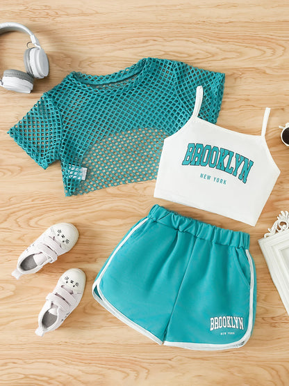 Ensemble 3 pièces d’été fille – Top mesh + Débardeur + Jupe/Short (7–13 ans)