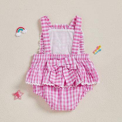BeQeuewll été bébé fille body salopette douce sans manches Plaid broderie canard barboteuse mignon nœud dos nu nouveau-né vêtements