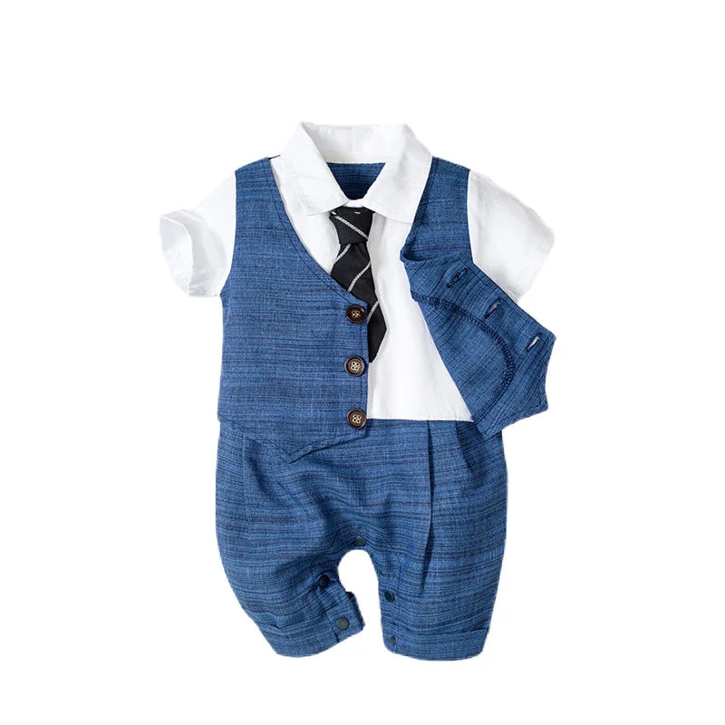 Ensemble Bébé Garçon “Petit Gentleman” – Barboteuse Habillée + Casquette | 0–12 Mois