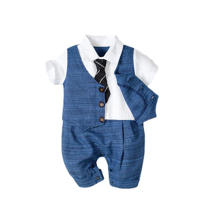 Ensemble Bébé Garçon “Petit Gentleman” – Barboteuse Habillée + Casquette | 0–12 Mois