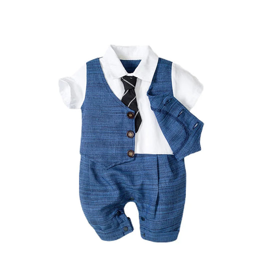 Ensemble Bébé Garçon “Petit Gentleman” – Barboteuse Habillée + Casquette | 0–12 Mois