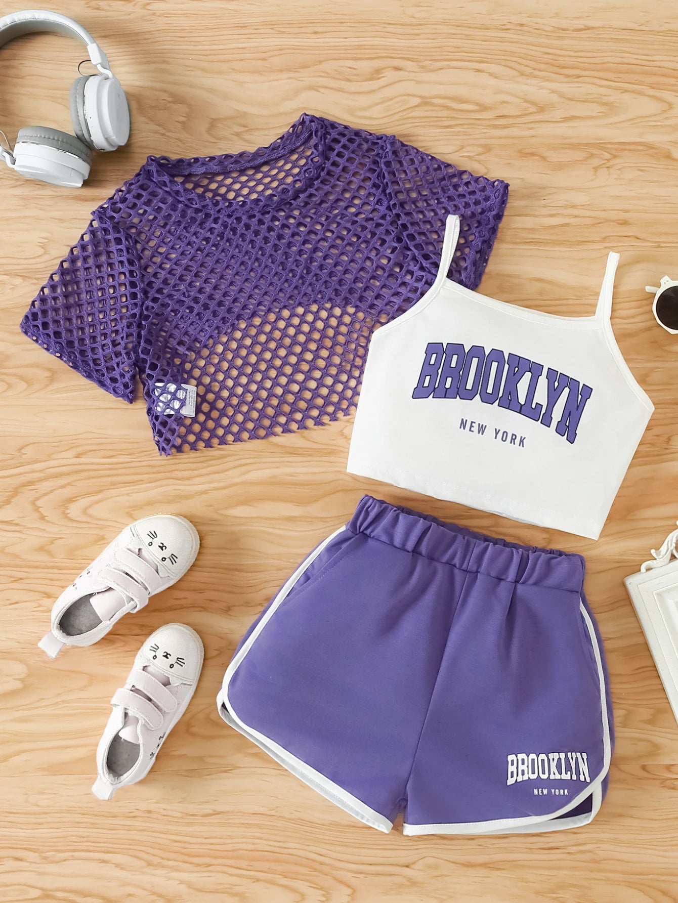 Ensemble 3 pièces d’été fille – Top mesh + Débardeur + Jupe/Short (7–13 ans)