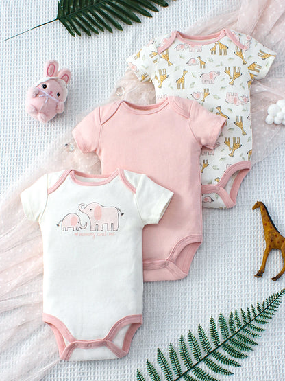 Lot de 3 bodys bébé fille – Motifs animaux & éléphant, coton doux