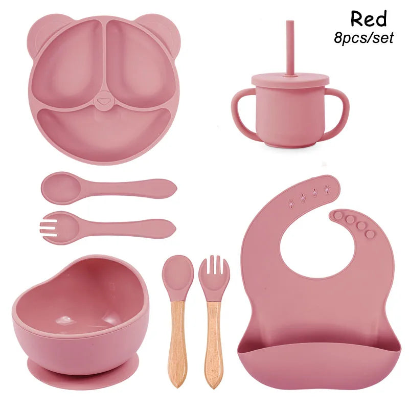 Vaisselle en silicone alimentaire pour bébé – Ensemble repas 8 pièces sans BPA, antidérapant et sécurisé