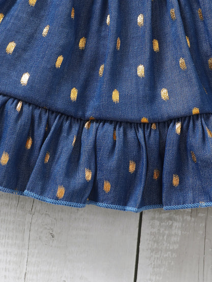 Robe bébé fille bleue à pois dorés – Tenue princesse élégante (3 à 24 mois)