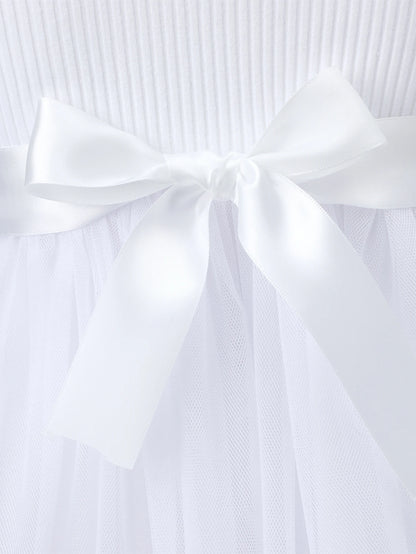 Robe blanche élégante pour fille – Nœud à la taille & dentelle florale