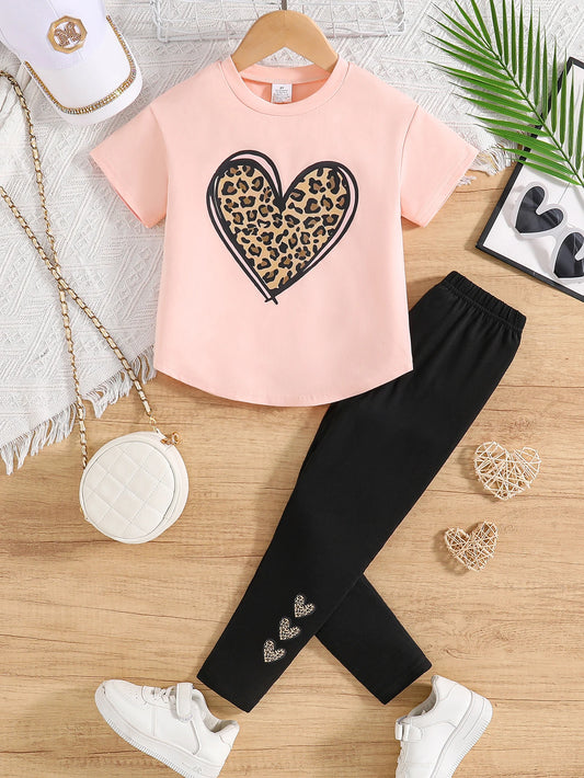 Ensemble Fille 2 Pièces – T-Shirt Cœur & Pantalon Décontracté
