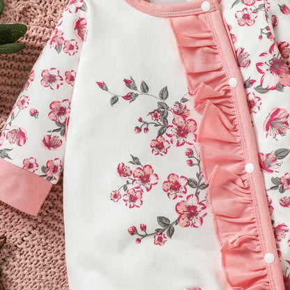 Ensemble Naissance Fille 4 Pièces – Pyjama Fleuri + Bavoir + Bonnet | 0–12 Mois