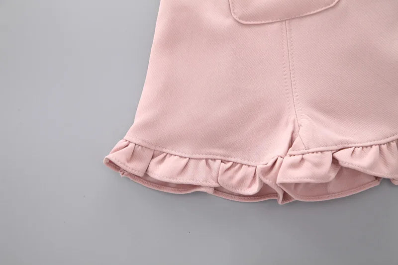 Ensemble Bébé Fille 2 Pièces – T-shirt Volants + Salopette Short Rose (0–12 mois)