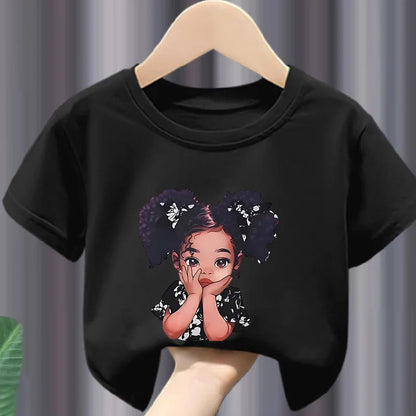 Girls' Summer Crew-neck Short-sleeved Top New Black Girls' Print Top Kids Clothes  Boys Girls Clothes