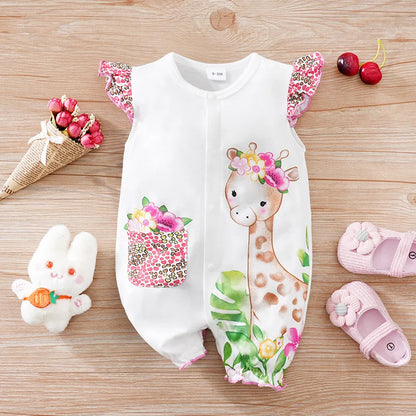 Barboteuse Bébé Été – Imprimé Cerf & Fleurs | 0–12 mois