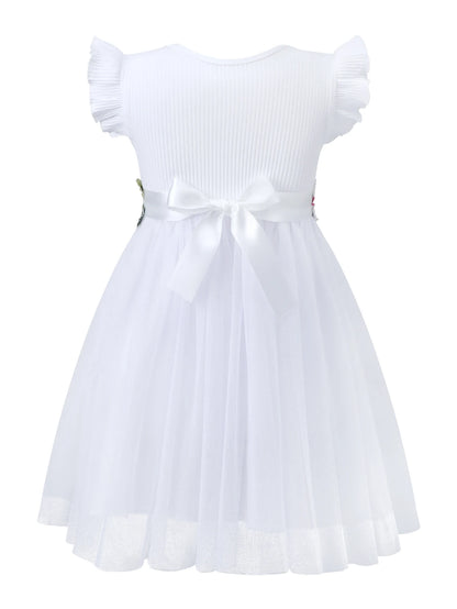 Robe blanche élégante pour fille – Nœud à la taille & dentelle florale