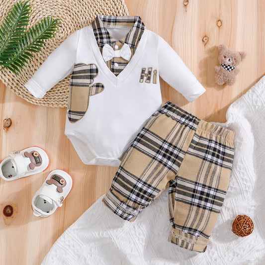 Ensemble bébé 2 pièces élégant – Haut style grenouillère & pantalon à carreaux (0 à 24 mois)