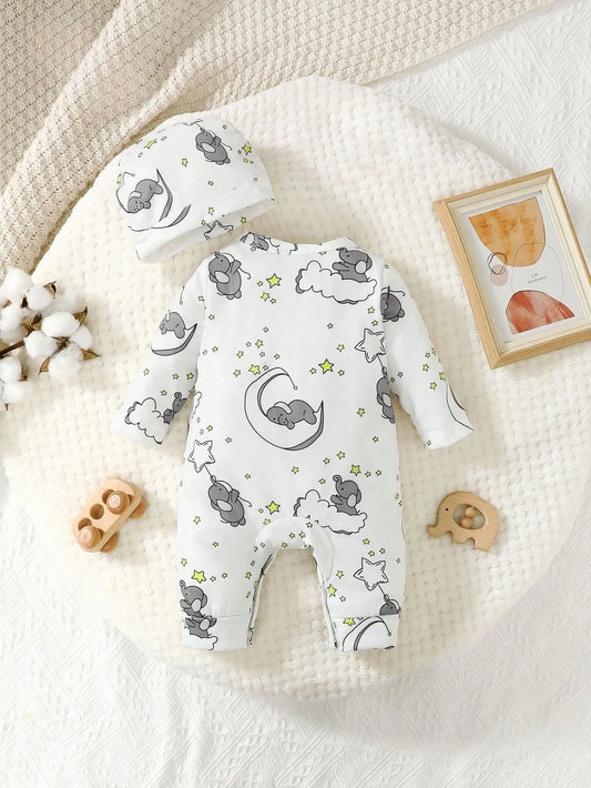 Barboteuse bébé manches longues avec chapeau – Motif éléphant (2 pièces)