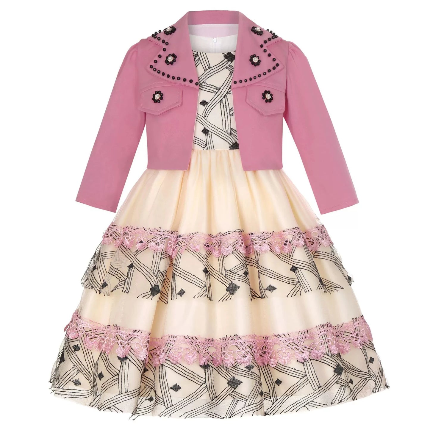 Robe Princesse Fille 2 Pièces (Robe + Veste) – Noir & Rose | Cérémonie, Anniversaire, Piano (5–14 ans)