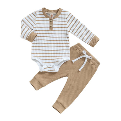 Ensemble bébé garçon automne 2 pièces – Barboteuse rayée & pantalon confortable (0 à 24 mois)