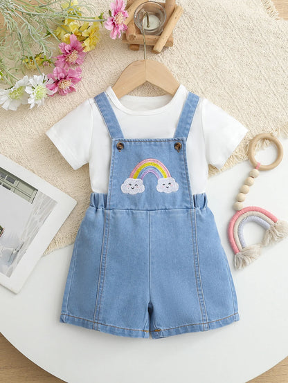 Ensemble été bébé fille 2 pièces – T-shirt doux & salopette légère en jean (6–36 mois)