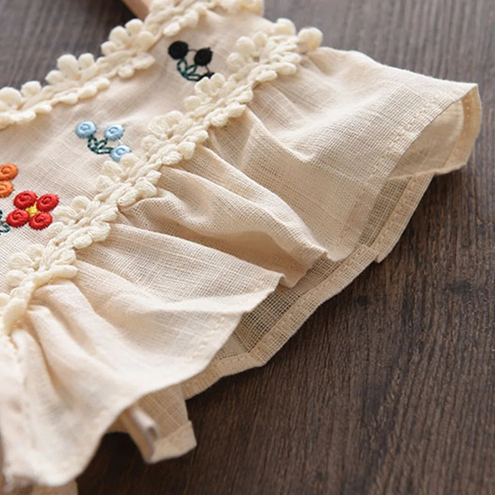 Robe Vintage Brodée Fleurie – Beige Crème (Fille)