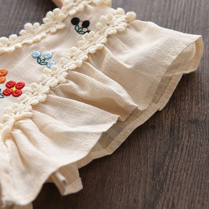 Robe Vintage Brodée Fleurie – Beige Crème (Fille)