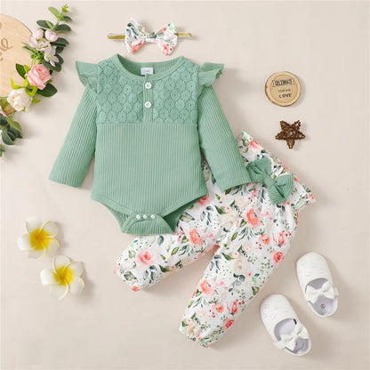 Ensemble Bébé Fille 3 Pièces – Body Manches Longues, Pantalon Fleuri & Bandeau – Printemps & Automne (0–12 mois)
