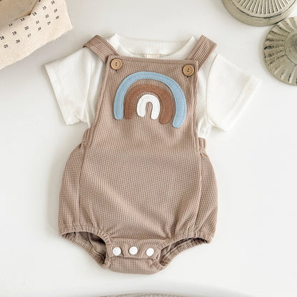 Ensemble bébé été salopette gaufrée arc-en-ciel – T-shirt + barboteuse