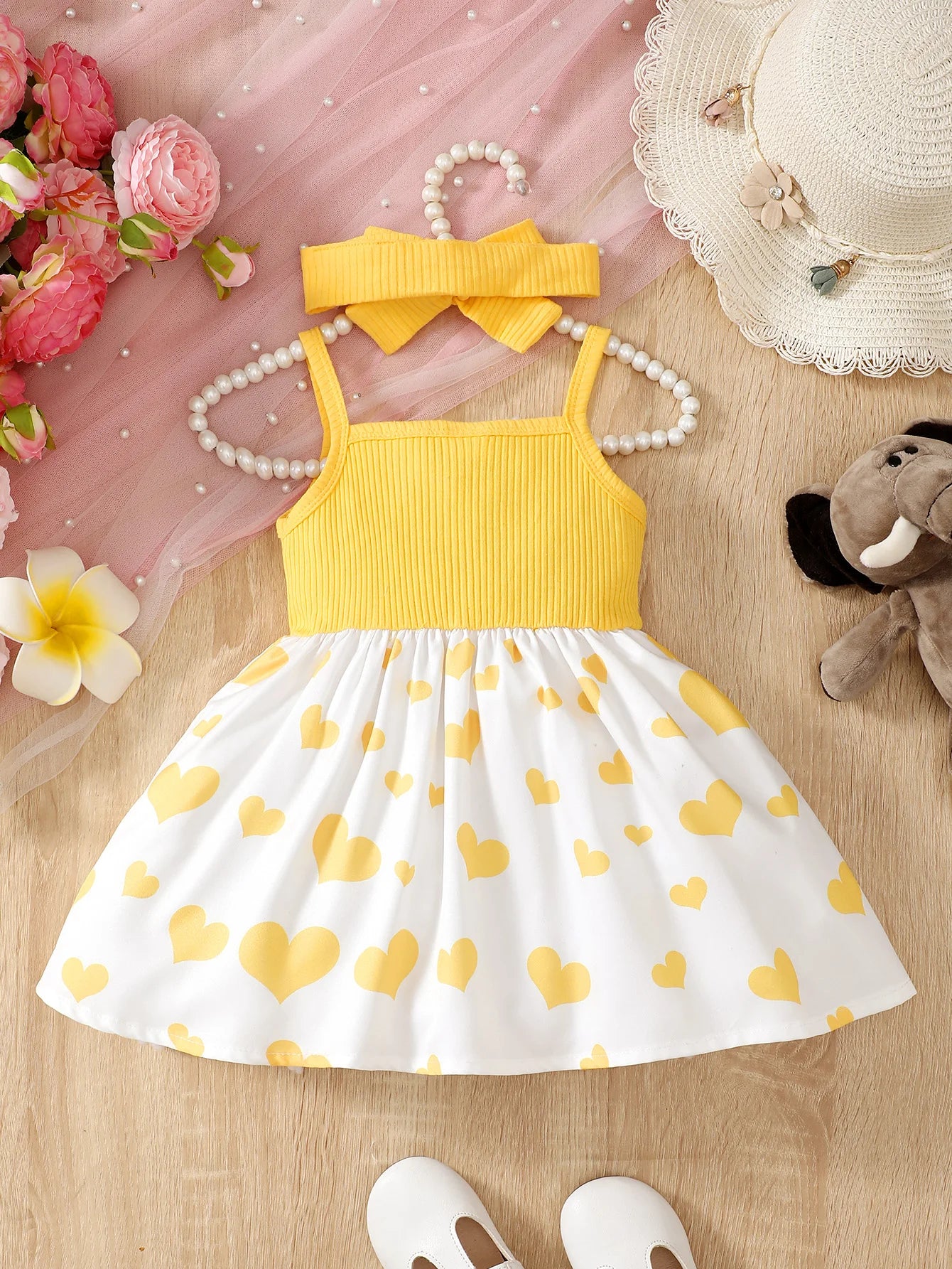 Robe d’été bébé fille à bretelles – Motif cœur et éléphant mignon