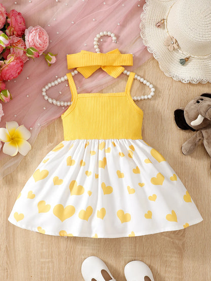 Robe d’été bébé fille à bretelles – Motif cœur et éléphant mignon