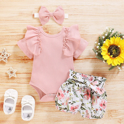 Tenue d’été bébé fille – Haut à manches volantées + short motif tournesols