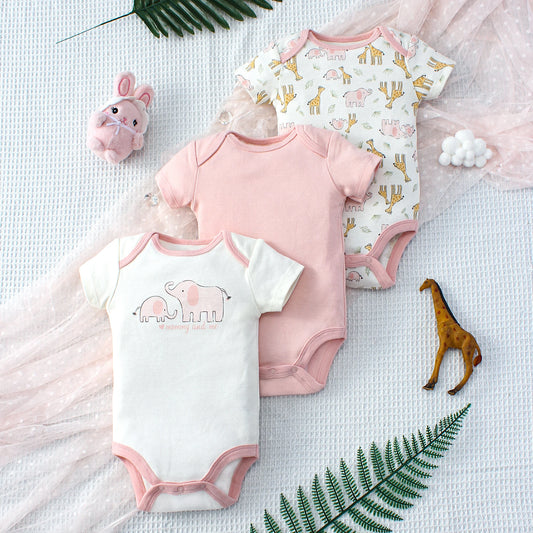 Lot de 3 bodys bébé fille – Motifs animaux & éléphant, coton doux