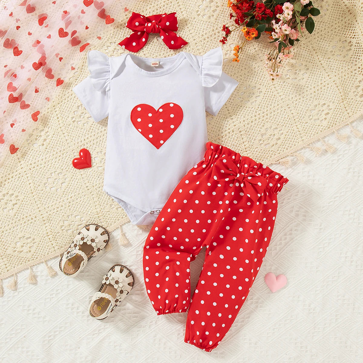 Ensemble Bébé Fille 3 Pièces – Romper Cœur, Pantalon & Bandeau en Coton Doux