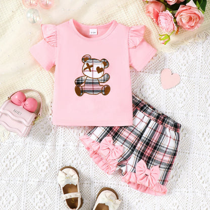 Ensemble Bébé Fille “Panda” – T-shirt Rose & Short à Carreaux (1–3 ans)