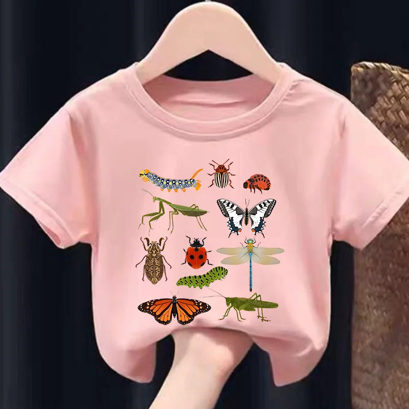 Girls Short-Sleeve T-Shirt Insect Science Print Casual Crew-Neck Children's Summer Wear Kids' Clothes