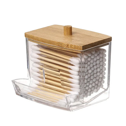 Boîte de rangement pour coton-tige, Double tête en bois pour bébé, couverture carrée transparente en bambou, organisateur de cure-dents pour coton-tige