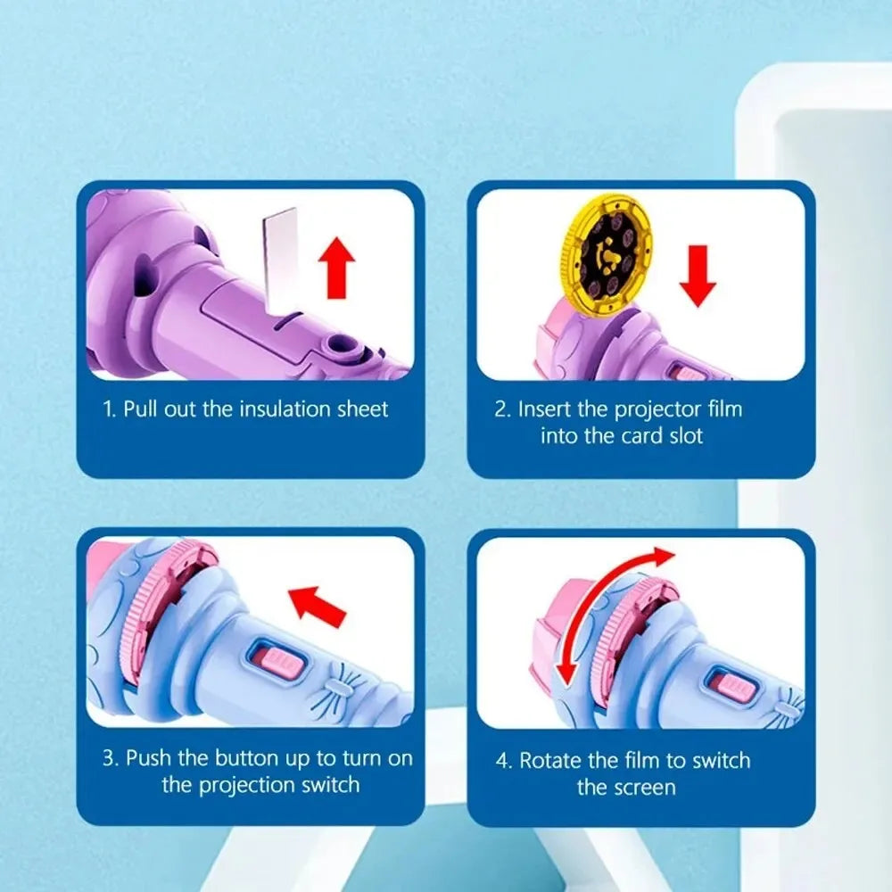 Lampe de poche projecteur pour enfants – Dessins animés (10 cartes, 80 images)