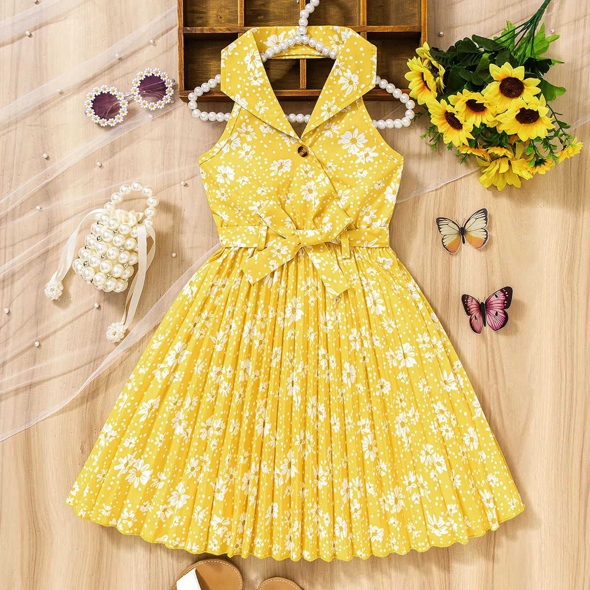 Robe d’été jaune fleurie – Fille