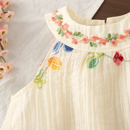 Robe d’été bébé fille beige – Broderies florales, col en coton doux