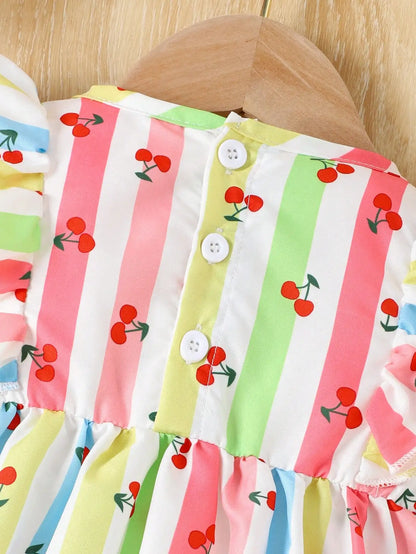Robe d’été pour bébé fille – Motif cerises et rayures colorées avec nœud rose