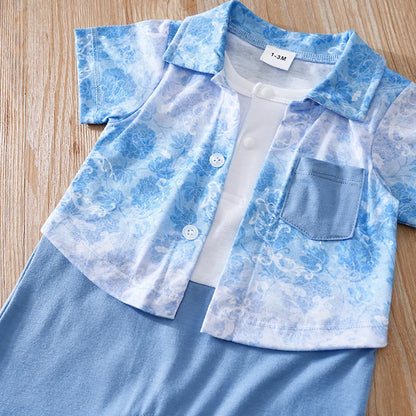 Vêtements pour nouveau-nés, chemise imprimée ondulée, faux deux, confortables, douces, pour garçons et filles, combinaison d'été à manches courtes pour bébé