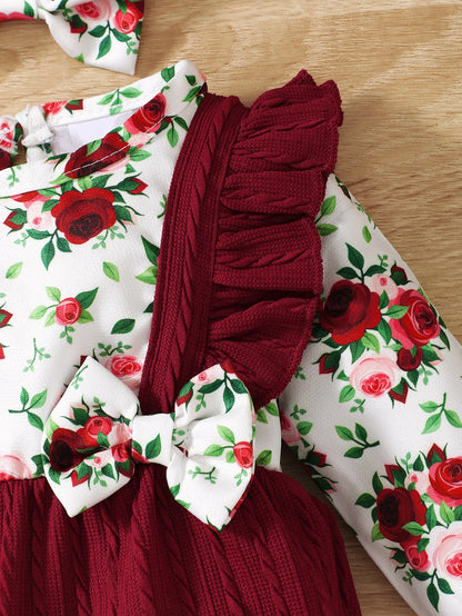 Ensemble Bébé Fille 2 Pièces – Barboteuse Fleurie Manches Longues + Bandeau Nœud (0–18 mois)