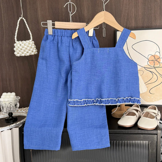 Ensemble Fille 2 Pièces Bleu – Haut Sans Manches Brodé & Pantalon (4–6 ans)