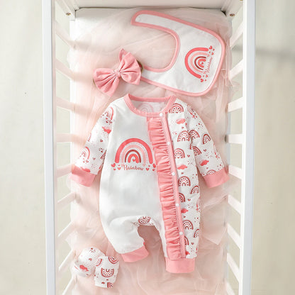 Ensemble Naissance Fille 4 Pièces – Pyjama Fleuri + Bavoir + Bonnet | 0–12 Mois