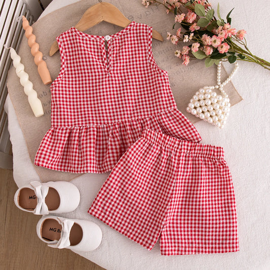 Ensemble Petite Princesse – Tenue d’Été Bébé Fille à Carreaux