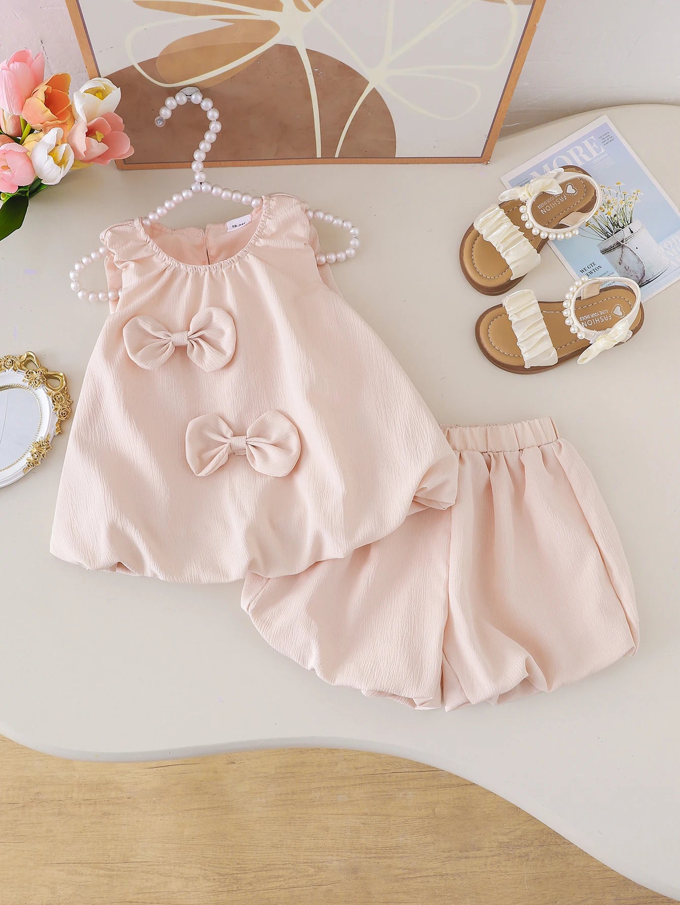 Ensemble Bébé Fille Chic Rose Poudré – Haut à Nœud & Short (1–3 ans)